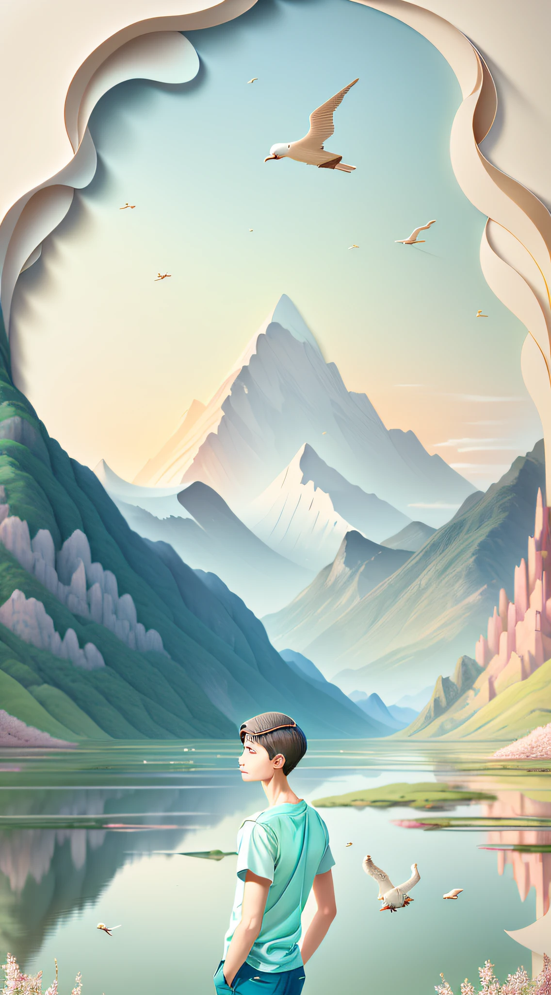 Natural and organic depictions of vast landscapes，Distant mountains and near waters，A young man looking at peach blossoms，Features earth tones and botanical motifs，Withdraw connections to nature and the environment，Influenced by botanical illustrations or environmental art，Created by artists such as Georgia O'Keefe or Christo and Jeanne-Claude，3Drenderingof，Sky birds，