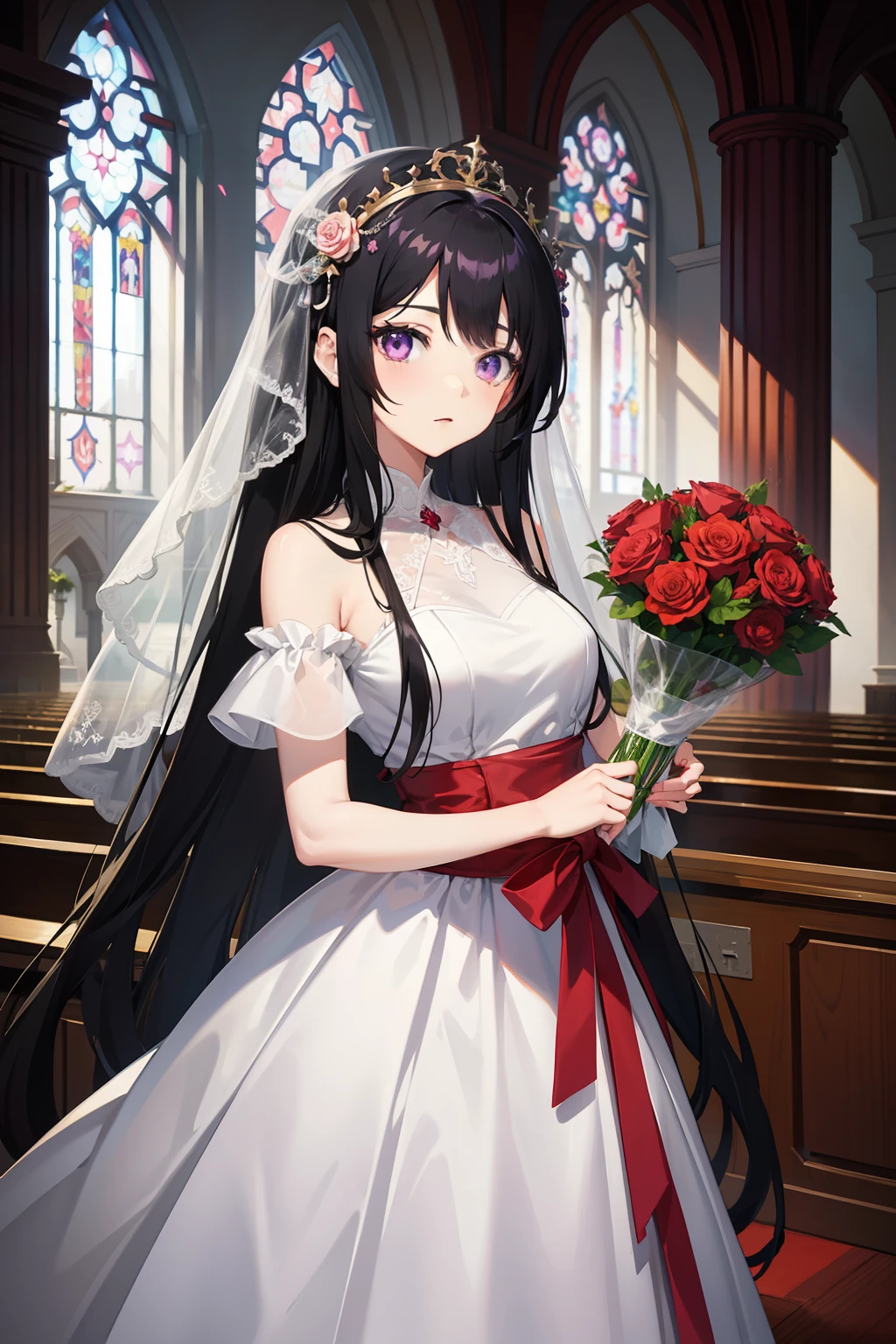 anime style photo of spring vasu, anime girl with long black hair and purple eyes, in wedding dress, at church, anime style, holding red rose