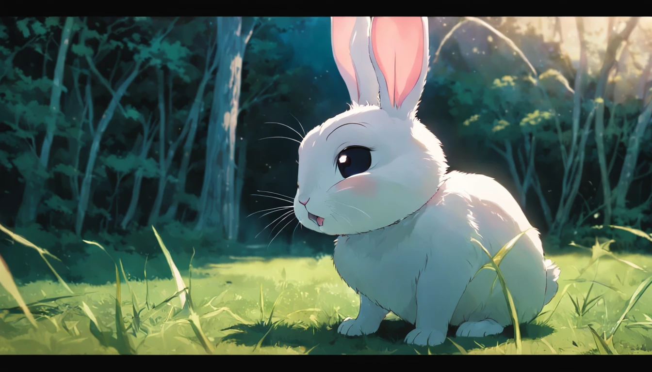 "masutepiece, Superior Quality, High quality cinematic films, 1 rabbit, Black eyes, brightened,  soft warm lighting, White background, Rabbit having fun."