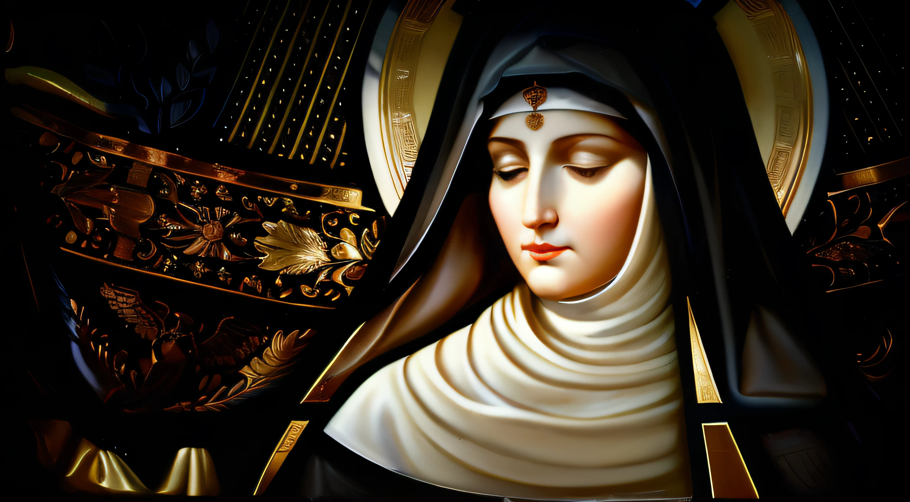 um close up de um vitral com uma mulher em vestes de freira, Retrato de Hildegard von Bingen, majestosa mulher de santo, santa mulher, santo, inspired by Thomas Aquinas Daly, Agora, santas mulheres, padroeiro do 🛸🌈👩🏾, christian saint, arte dos vitrais, mother sarah artist, Iconografia religiosa, (fotorrealista:1.2), (8K resolution), (melhor qualidade), (master part), Retrato de uma freira, Santa, Santa Monica, Mother of saint. Agostinho, santa mulher, Majestosa mulher, Catholic, standing on her feet, orgulhosamente ao ar livre, Golden Hour Natural Lighting, rays of sun flowing through the trees, luz suavemente difusa em seu rosto, roupas intrincadas altamente detalhadas, fundo ornamentado