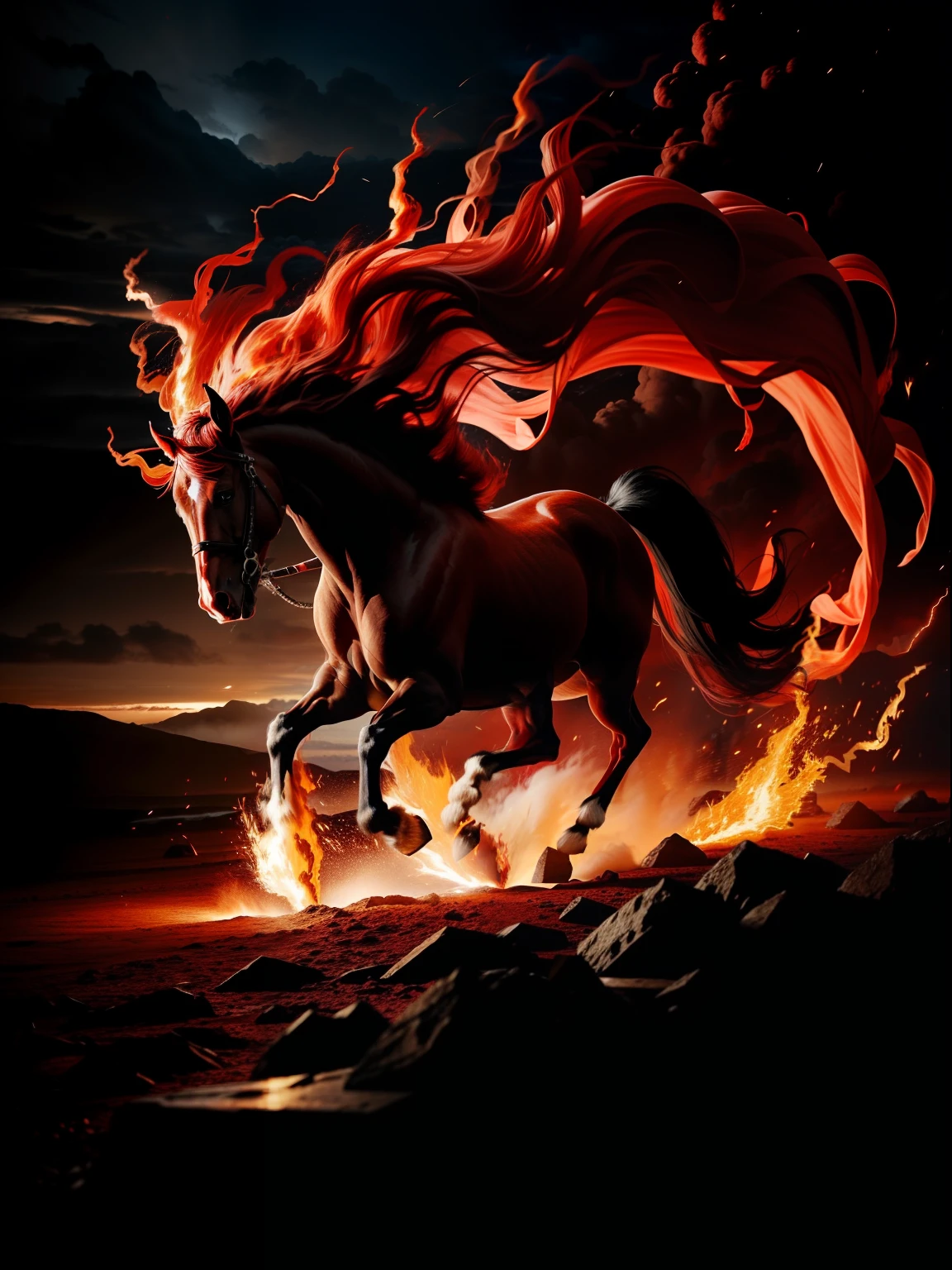 A powerful red horse of the apocalypse rearing up from the depths of a dark abyss, its hooves striking sparks from the clouds, it's tail and hair being on fire, dynamic smoke coming out of them, normal skin, powerful movement, cannon 6d, high fidelity, ultra high quality, very detailed, fire on its legs