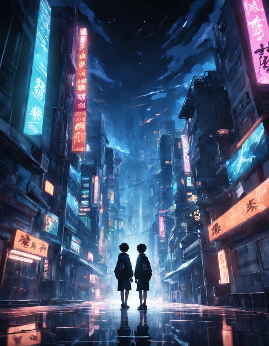 tmasterpiece,best qualtiy,cinematic Film still from,2boy,Tech Campus City Head-up landscape, Three boys back, Perspective, deep in the night, the night, Best quality dark background,