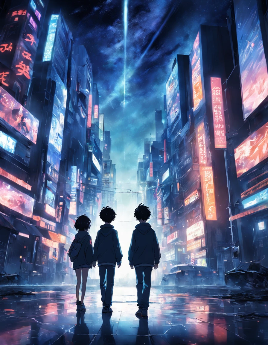 tmasterpiece,best qualtiy,cinematic Film still from,2boy,Tech Campus City Head-up landscape, Three boys back, Perspective, deep in the night, the night, Best quality dark background,