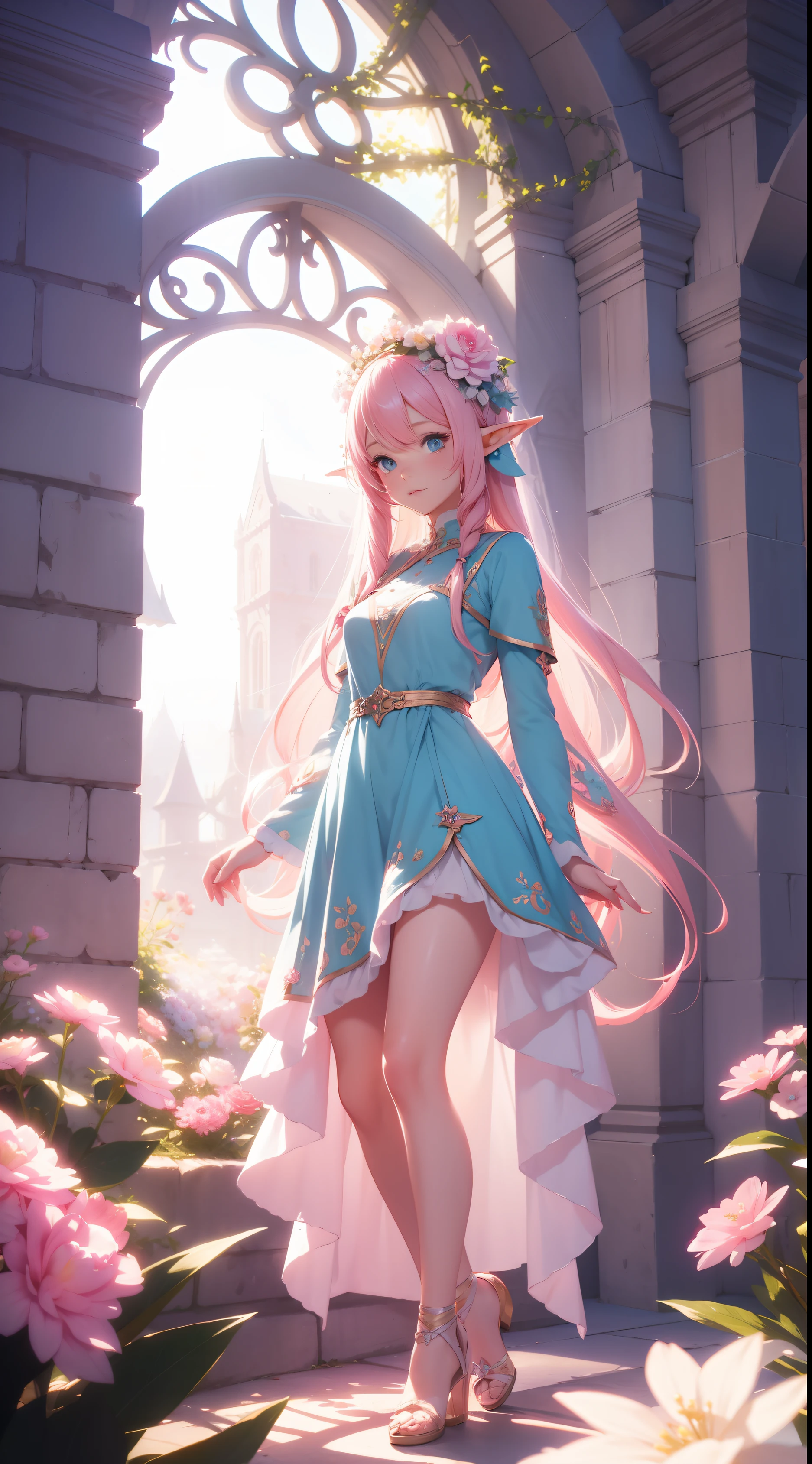 cute elf, long light pink hair, flowers in hair, blue eyes, cute dress, full body, artstation, illustration, dynamic soft lighting, fantasy framing, high resolution 4k, hdr, stylistic,