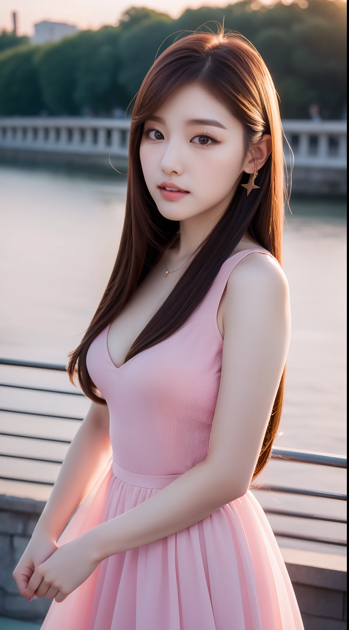1 Girl,Small bridge,Soft Light,Chinese Beauty,Tight Fit,Pink dress,,Dark-haired,long hair