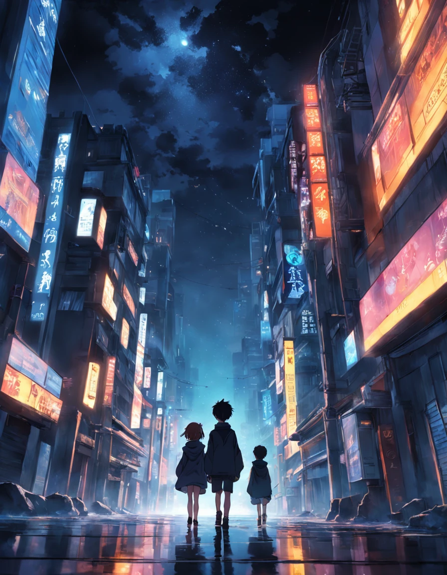tmasterpiece,best qualtiy,cinematic Film still from,2boy,Tech Campus City Head-up landscape, Three boys back, Perspective, deep in the night, the night, Best quality dark background,