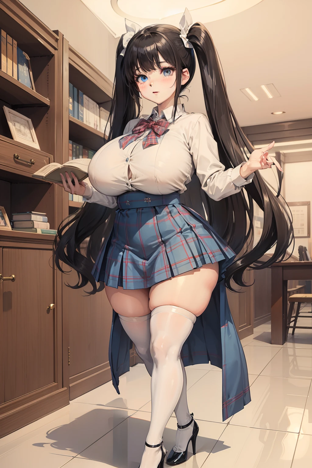 Full body shot, gigantic boobs、The ultimate beautiful girl at 20 years old、plump curvy buxom figure,cute very beautiful face、Long bangs that extend to the eyes, nose and mouth、The most beautiful brunette hair in the world、Super long straight hair、twin tails hairstyle,Glowing big beautiful light blue eyes、White and beautiful shiny skin、lightsmile, she's wearing a school uniform and a tartan plaid skirt, white overknee socks and high heeled stilettos, standing in a library