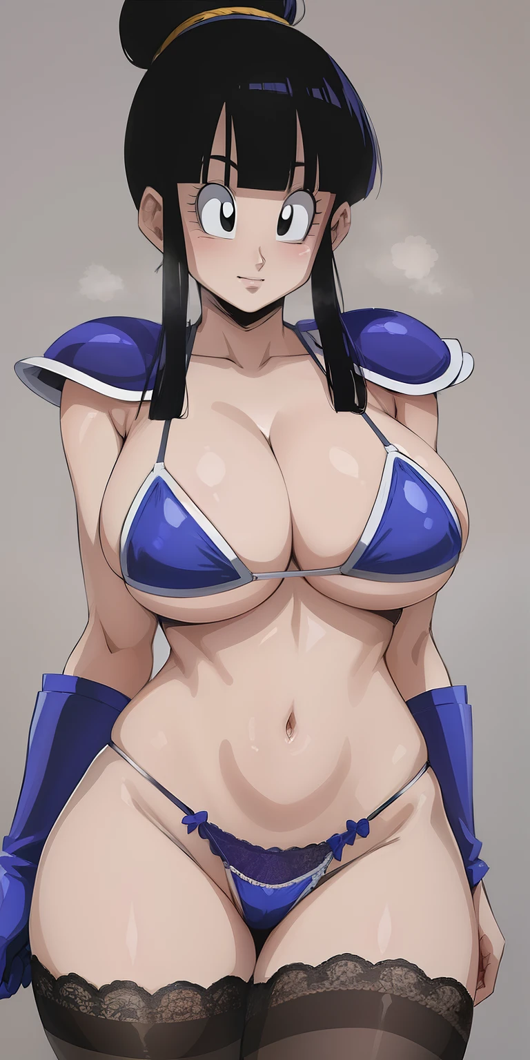 chichi_dbz, standing, solo, Nsfw, large_breasts, Chichi_Bikini_Armor, masterpiece, micro bikini, best quality, detailed face, detailed eyes, highres, I posed erotic,Perfect eyes, successful face, Panties, Long lace stockings,