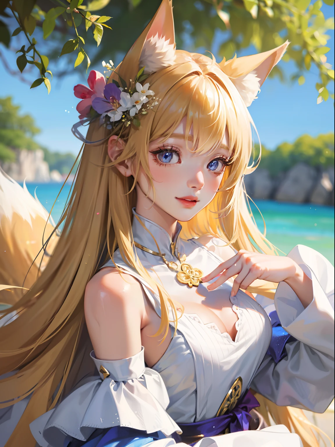 masutepiece, High resolution, 8K, anime woman, Delicate and detailed writing 、Detailed digital illustration、Very long hair and shiny、a very beautiful woman、Eyes are double, Large, Slender eyes、Bust is D cup、High image quality, High quality、Detailed background、I'm wearing a hair ornament.、Glittering background、The inside of the eye shines like a diamond、4 fingers, 1 thumb、Detailed female face、Smile、Very beautiful and cute woman、a blond、Fox ears、细致背景、masterpiece、Soft Focus , Bright gradient watercolor , Lens Flare , Glitter , Glow , Dreamy ,Clothes wrapped in ribbons、Have a gift、Background of the flower garden、Colorful rainbow flowers