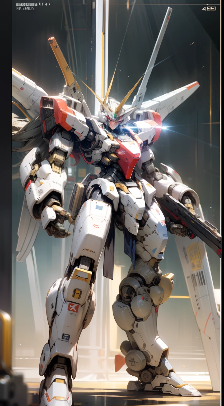 Ray traching、GameCG、nffsw、high detailing、32K、top-quality、textured skint、mechs、super_robot、macross、Fighters、masterpiece、top-quality、mechs、(Golden Mech 1.4)、Gundam Mech, best qualtiy, huge robot, Red colored eyes, , scientific fiction, kosmos, Jupiter,Holding a huge rifle in your hands,Holding a rifle、Science Dreams