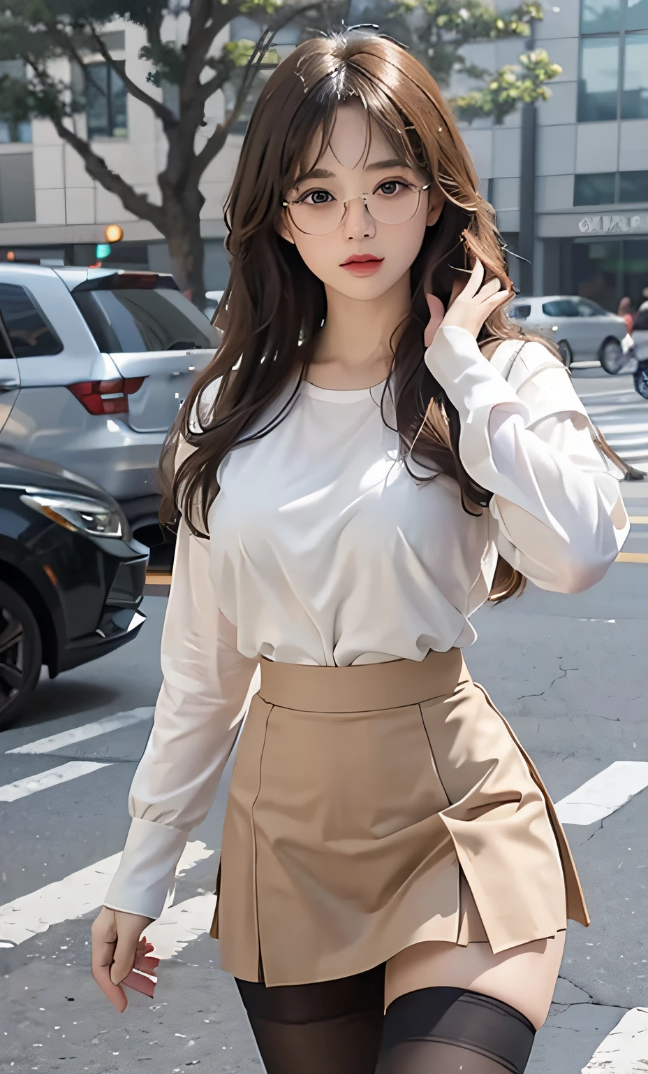 Arakfi woman in white shirt and pink skirt on city street, fine white shirt, wearing  shirt, elegant slim beige shirt, with a long white, in a white shirt, in a white shirt, sakimichan, [ Realistic photo ]!!, wearing a white button up shirt, white wrinkled shirt, wearing  shirt, bottom angles
