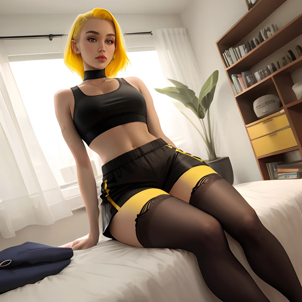 All over black stockings, crop top, yellow hair