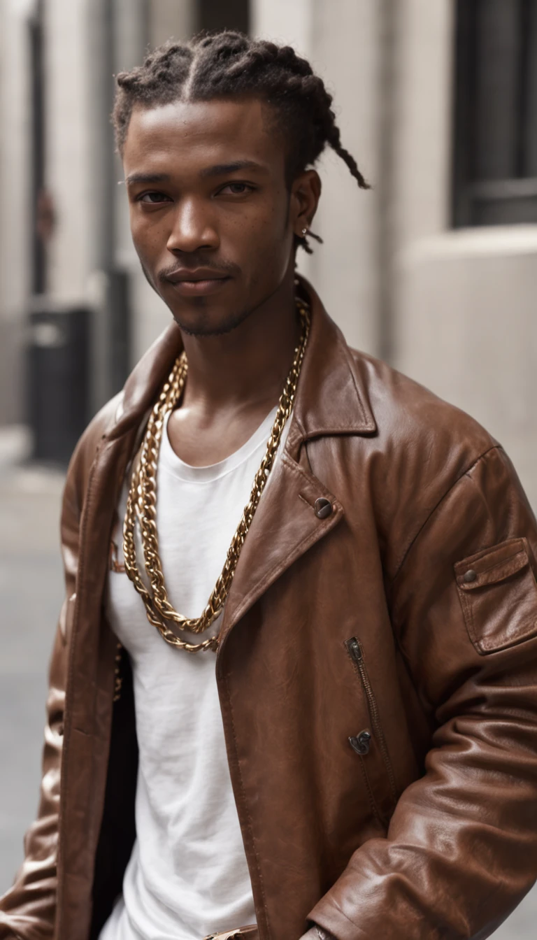 (Realistic:1.3), Finely detailed, quality, Rembrandt Lighting, (Maserpiece:1.2), (photorealistic:1.2), (best quality), (detailed skin:1.3), (Intricate details), dramatic, Small black man, Tanned skin, African-American, Big plaited braids, Men's neck chain (Cuban links), afro, White T-shirt, Brown leather jacket, Beige pants, iPod hanging from waistband, sleeves beyond the wrists, (brown:1.4), (Tokyo, City Street, from below, Cowboy shooting)
