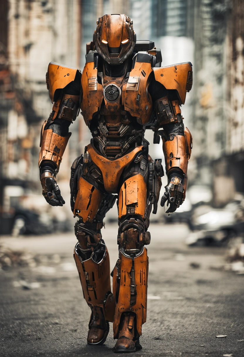 Imagine a portrait photograph portraying an (alpha male) exuding commanding presence, with eyes of perfection, clad in a well-worn mecha suit adorned with intricate (steel metal [rust]) detailing that exudes an air of elegance. The scene, captured with (sharp focus) by the lens of Greg Rutkowski, bathes in (soft lighting) that delicately highlights every contour, while vibrant colors burst forth, creating a true (masterpiece) and drawing attention to the bustling (streets) beyond. This visual narrative, framed in a (cowboy shot) perspective, captures a (dynamic pose) that emanates strength and determination, all encased within the rugged embrace of the mecha suit