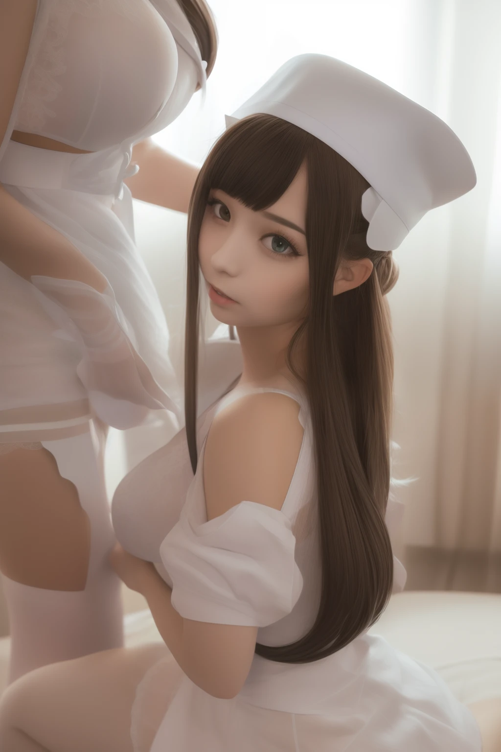 8K, Super detail, curate, Best quality, Masterpiece, 1girll,Solo,Nurse, Detal Face, dual horsetail,Black color hair，White nurse hat, full bodyesbian, White clothes, desk, Bed