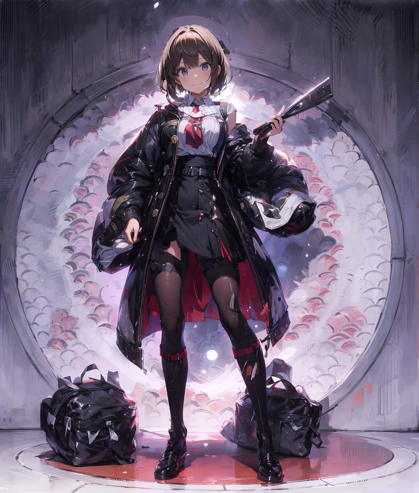 tmasterpiece, best qualityer, 1个Giant Breast Girl,(brunette color hair,colorfulhair:0.9), Wear a nice miniskirt,Very thin clothes, cute smiling,Leaking out of both shoulders,(White background:1.3),(All body,standing on your feet:0.9),Black leather shoes,White socks,first person perspective,short detailed hair,One guy,