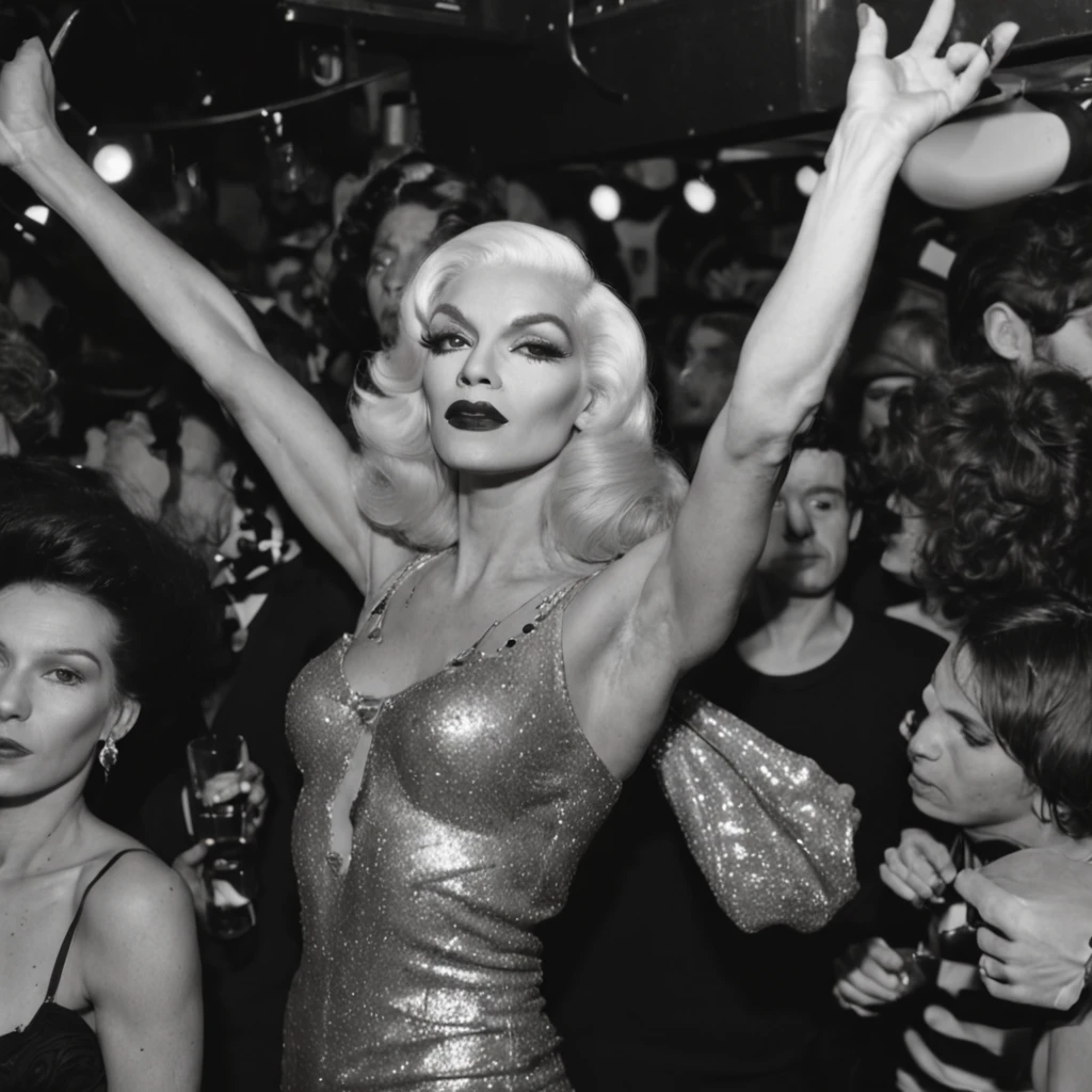 andy warhol photo, studio 54, 2girls, naked, gogo girls pink, open legs, cropped top, lights, 80s nightclub, retro futurism. full body
