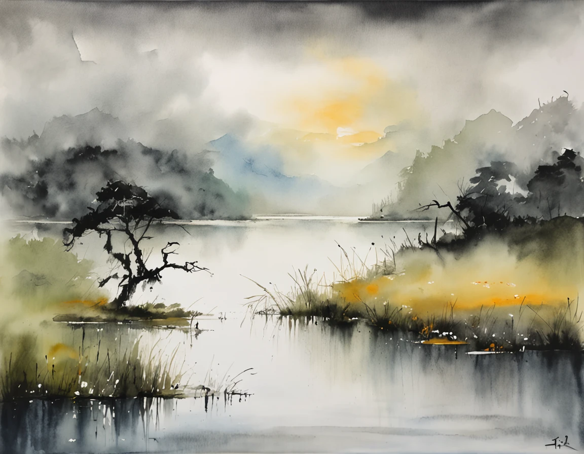 Masterpiece, Large lake view, Best quality, watercolor art style, Asian night view, Great lake between meadows, Night view with light reflection, Lake surface, beautiful night scene, ((((Chinese martial arts style)))), Has a wide sky, The surrounding meadows, ink wash style, Contour light, Atmospheric atmosphere, Depth of field, rising mist, louka, (No color), monochrome, Light color, no trees