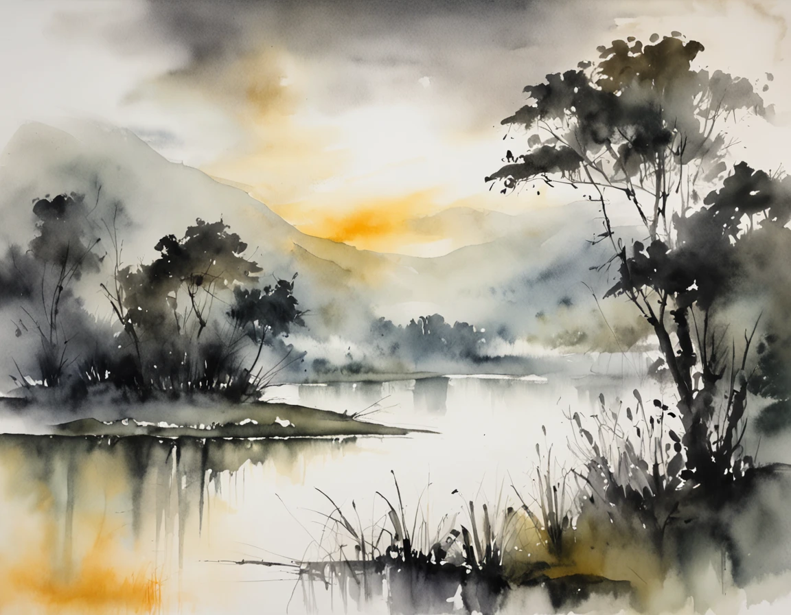masterpiece, large lake landscape, best quality, watercolor arts style, Asian night scene, large lake between meadows, night scene with light reflections, lake surface, beautiful night scene, ((((Chinese martial arts style)))), with a vast sky, meadows surrounding, ink wash style, contour light, atmospheric atmosphere, depth of field, rising mist, meadow, (no color), monochrome, light color, no trees