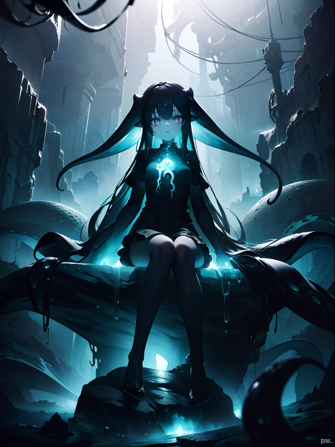 (Masterpiece, Best quality, ultra high resolution),1girl,black clothes, amber eyes, bright eyes,surrounded by tentacles, (squid girl), beautiful and detailed face , detailed eyes,sitting on a rock in the middle of the dark cave,cloudy sky, fog, ocean,(gray and green theme)