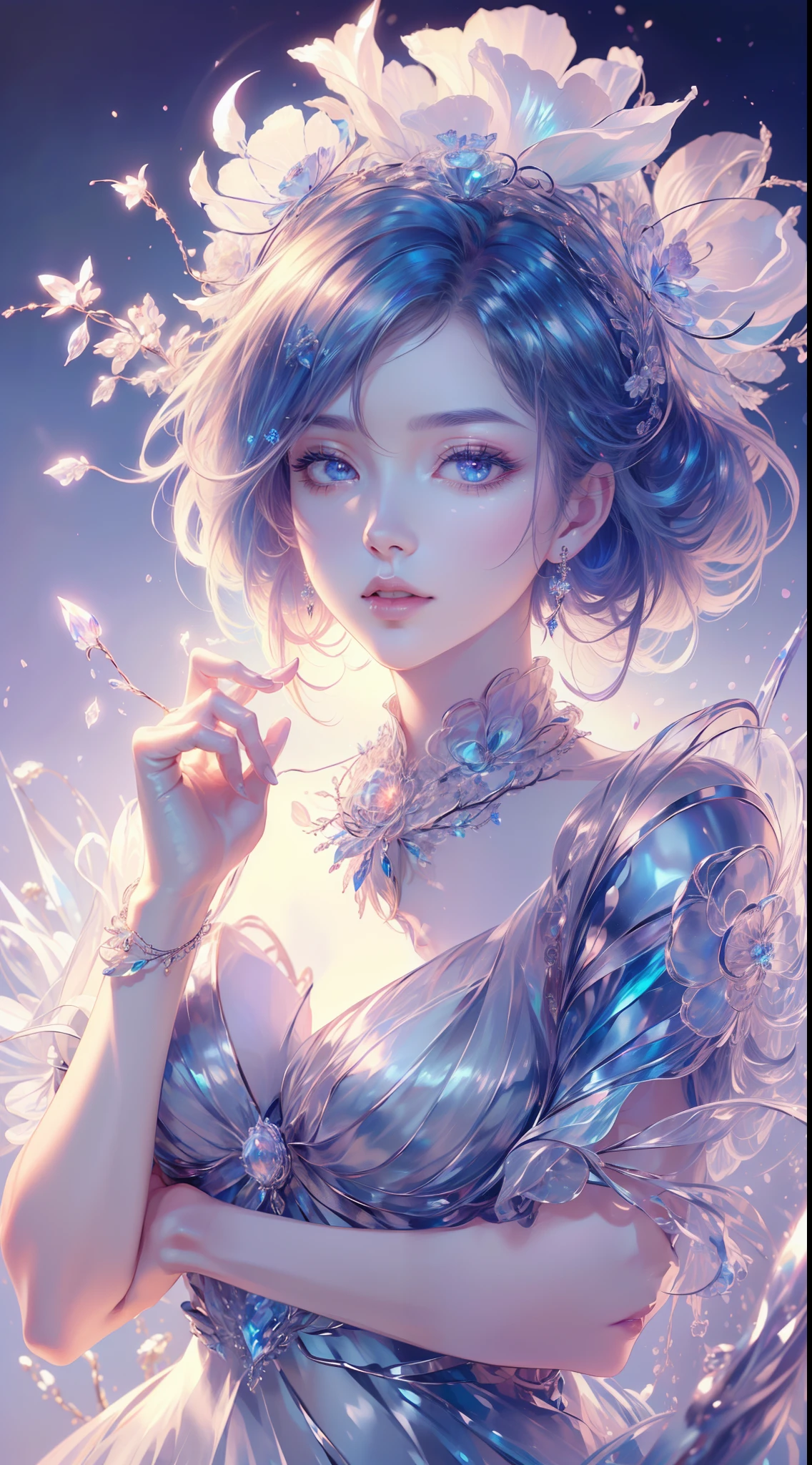 tmasterpiece,Highest high resolution,((((Bow your head and smile)))),Dynamic avatar of a beautiful aristocratic girl,Blue hair is gracefully curled,(((Wearing a crown of huge flowers、Bucket Hat,jewely,Diamond necklace))),Purple clear eyes,(((Hair is covered with beautiful and delicate floral craftsmanship, Crystal Jewelry Filigree))),Ultra-detailed details。
