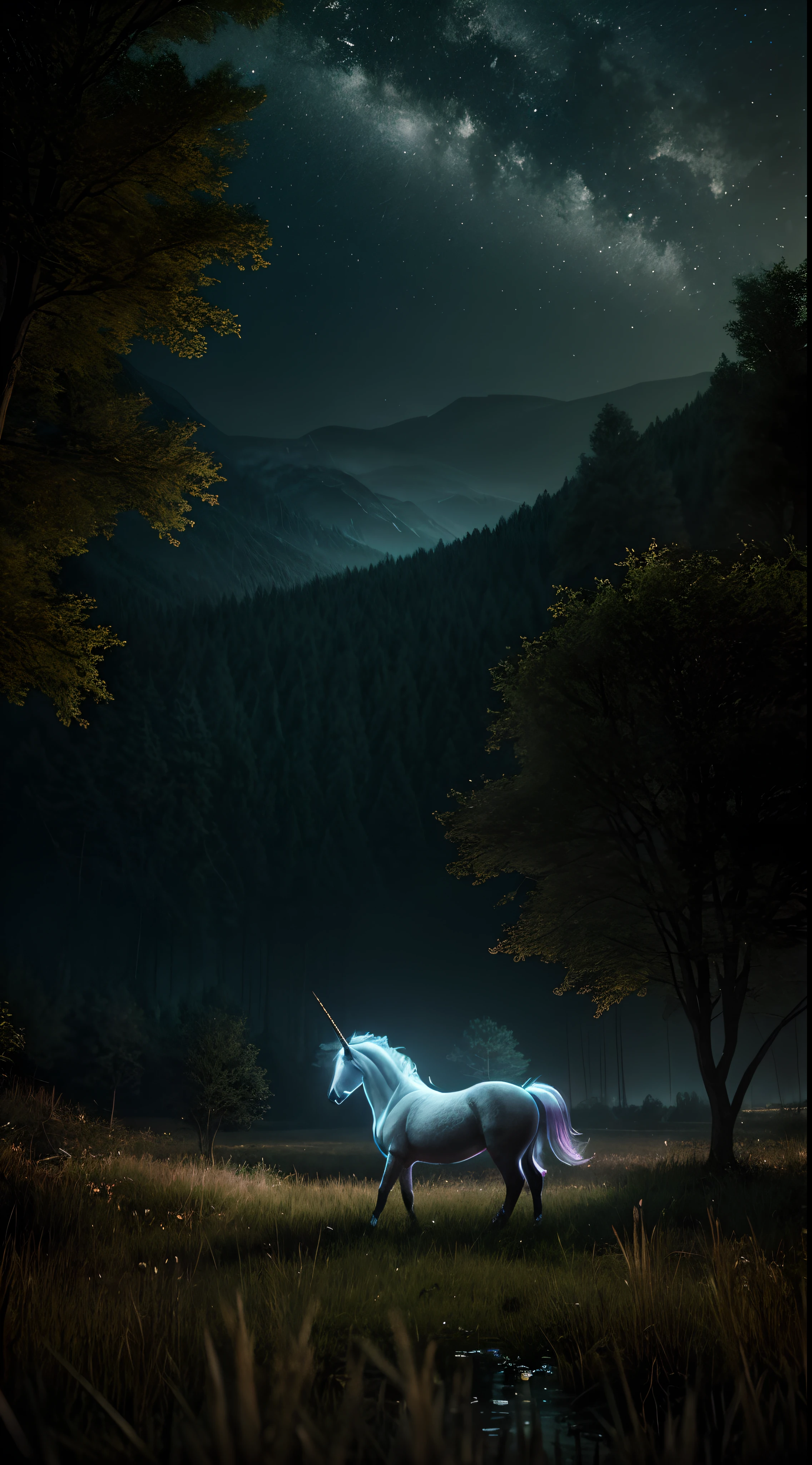 unicorn, night, field, stream, dark, cinematic ultra realistic. Higly detailed, epic composition. environment. Epic scale, post processed 4k, Octane render and Unreal Engine. Trending on Artstation, style by Craig Mullins