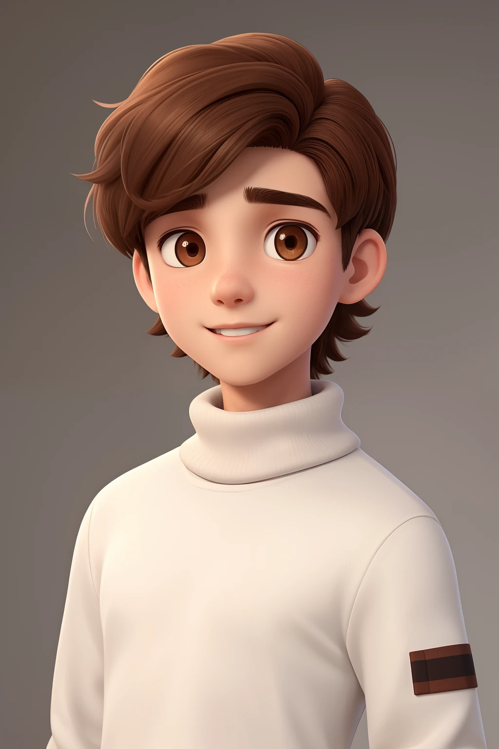 A 14 year old young man, With shaggy brown hair, nice face, Boxy face, And brown eyes, Wear a red turtleneck.,He puts his hand in his pocket