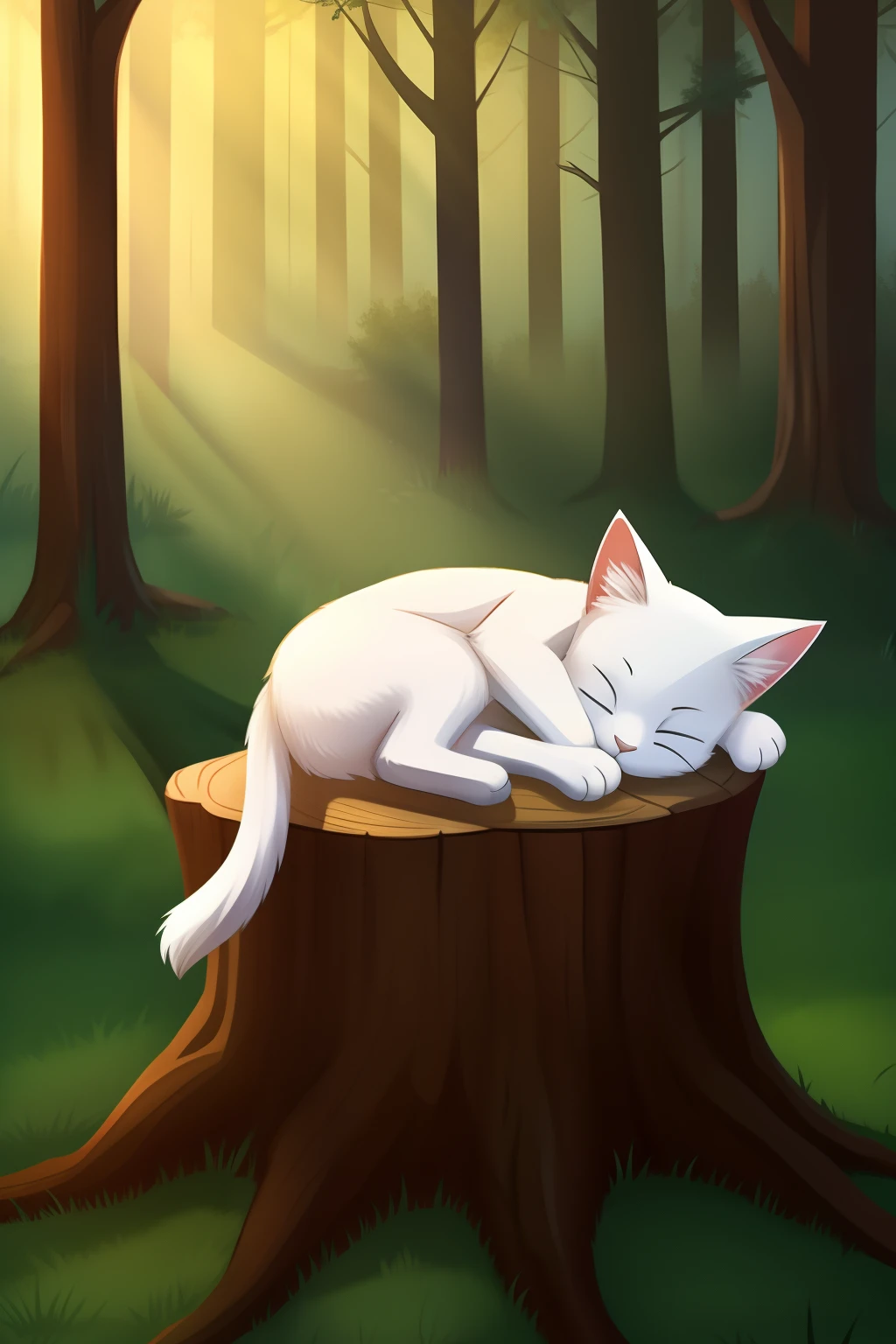 White cat sleeping on a stump in the forest