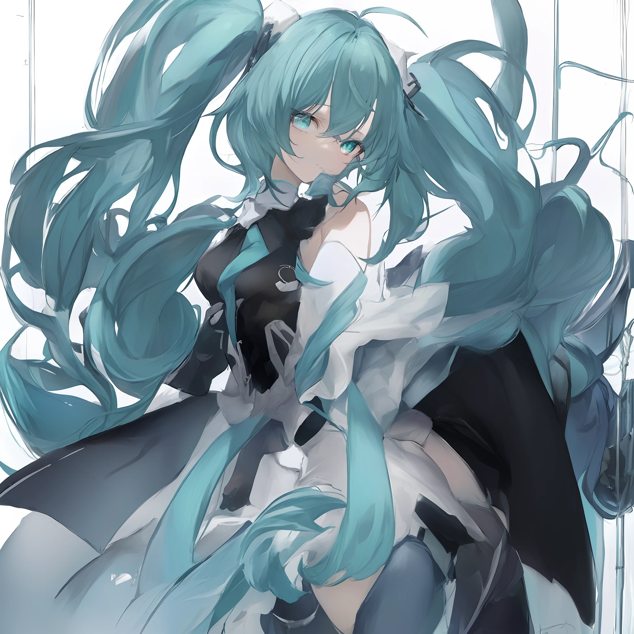 Let's start with a base illustration of a young female character.
Adjust the hair color to Hatsune Miku's iconic turquoise blue.
Style the hair to be very long, reaching below the waist, in twin tails. Ensure the twin tails are evenly balanced and neatly wrapped at the top.
Give the hair a glossy appearance and a slightly voluminous texture.
Create a youthful and cute facial expression with large, expressive eyes. The eye color should be a bright shade of blue.
Give her a characteristic slim and petite body frame.
Remove the distinctive outfit consisting of a sleeveless top, tie, and pleated skirt. Include shades of teal and black in the color scheme.
Include signature accessories such as a futuristic headset, microphone, and detachable sleeves.
Optionally, add knee-high boots or thigh-high socks in matching color tones.
Provide a background that complements the aesthetic, such as a futuristic cityscape or a concert stage with colorful lights.

Please note that due to the complexity of the instructions, it may be challenging for an AI to accurately generate an image based on the exact specifications provided.


Please draw it in a sketch-like style, resembling an idea sketch.

A drawing that looks like it was done with a pencil. A picture drawn in a messy manner. A drawing done with hesitation.