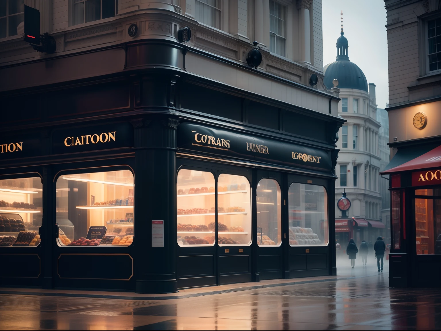 Inflatable shops in central London, Cinematic lighting in early morning mist, Photos taken with the Canon Eos R5 8k 45mp telephoto lens, ultra - detailed, HD,