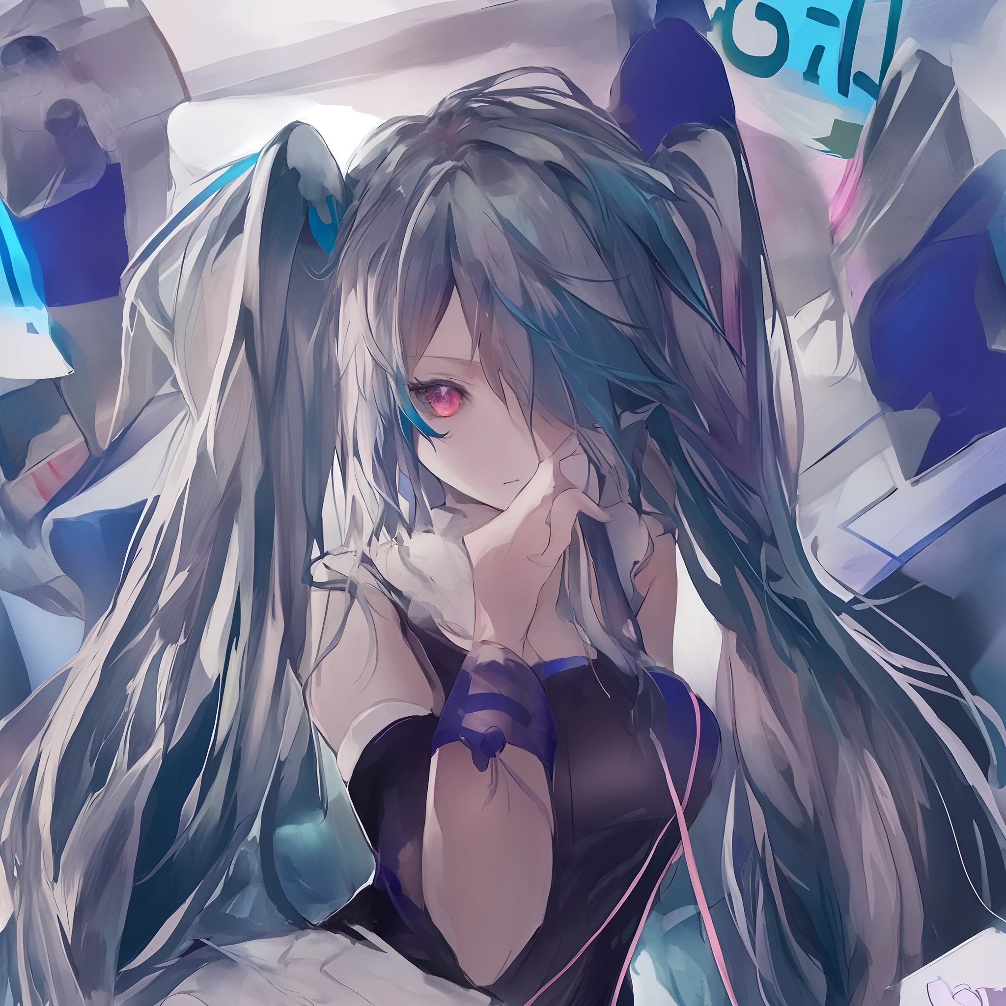 Let's start with a base illustration of a young female character.
Adjust the hair color to Hatsune Miku's iconic turquoise blue.
Style the hair to be very long, reaching below the waist, in twin tails. Ensure the twin tails are evenly balanced and neatly wrapped at the top.
Give the hair a glossy appearance and a slightly voluminous texture.
Create a youthful and cute facial expression with large, expressive eyes. The eye color should be a bright shade of blue.
Give her a characteristic slim and petite body frame.
Remove the distinctive outfit consisting of a sleeveless top, tie, and pleated skirt. Include shades of teal and black in the color scheme.
Include signature accessories such as a futuristic headset, microphone, and detachable sleeves.
Optionally, add knee-high boots or thigh-high socks in matching color tones.
Provide a background that complements the aesthetic, such as a futuristic cityscape or a concert stage with colorful lights.
Please note that due to the complexity of the instructions, it may be challenging for an AI to accurately generate an image based on the exact specifications provided.
Please draw it in a sketch-like style, resembling an idea sketch.
A drawing that looks like it was done with a pencil. A picture drawn in a messy manner. A drawing done with hesitation.