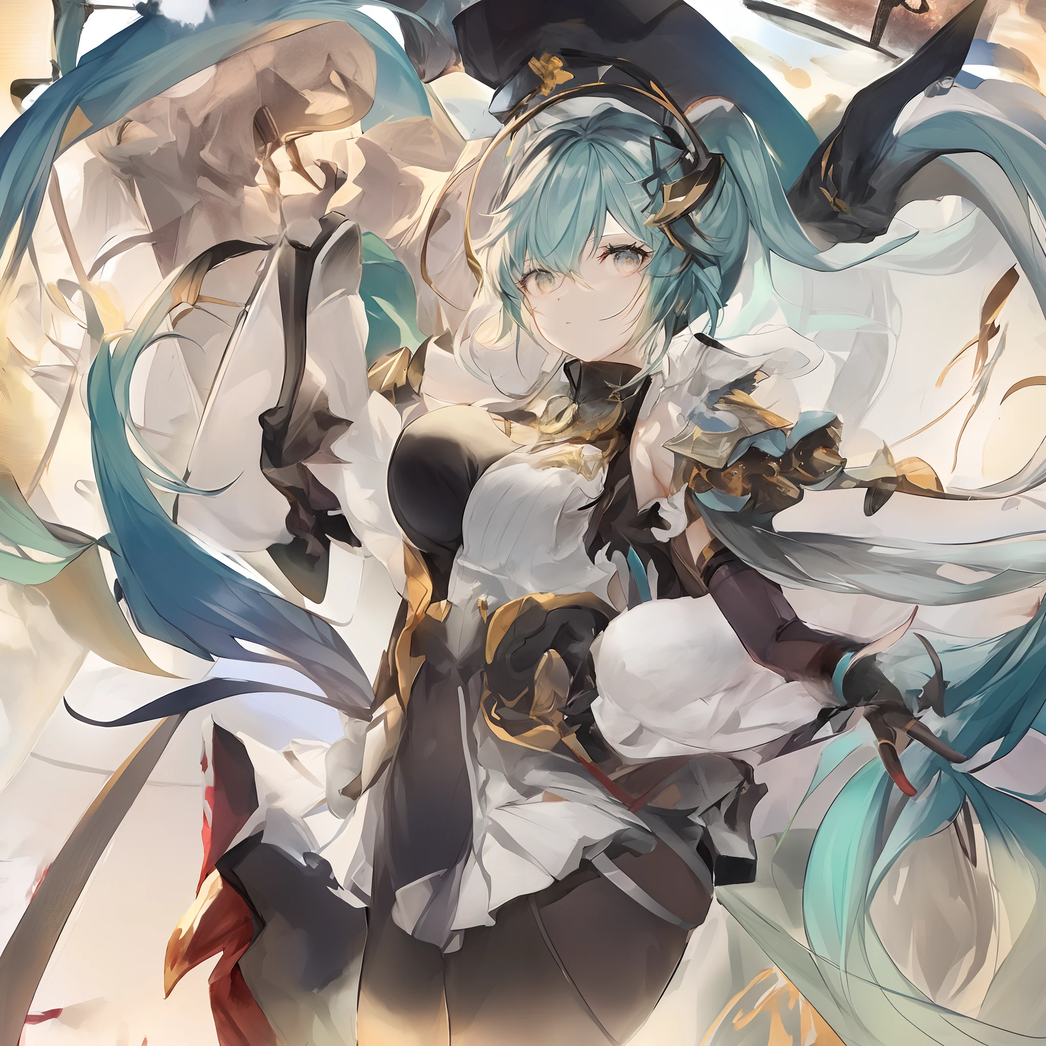 Let's start with a base illustration of a young female character.
Adjust the hair color to Hatsune Miku's iconic turquoise blue.
Style the hair to be very long, reaching below the waist, in twin tails. Ensure the twin tails are evenly balanced and neatly wrapped at the top.
Give the hair a glossy appearance and a slightly voluminous texture.
Create a youthful and cute facial expression with large, expressive eyes. The eye color should be a bright shade of blue.
Give her a characteristic slim and petite body frame.
Remove the distinctive outfit consisting of a sleeveless top, tie, and pleated skirt. Include shades of teal and black in the color scheme.
Include signature accessories such as a futuristic headset, microphone, and detachable sleeves.
Optionally, add knee-high boots or thigh-high socks in matching color tones.
Provide a background that complements the aesthetic, such as a futuristic cityscape or a concert stage with colorful lights.
Please note that due to the complexity of the instructions, it may be challenging for an AI to accurately generate an image based on the exact specifications provided.
Please draw it in a sketch-like style, resembling an idea sketch.
A drawing that looks like it was done with a pencil. A picture drawn in a messy manner. A drawing done with hesitation.