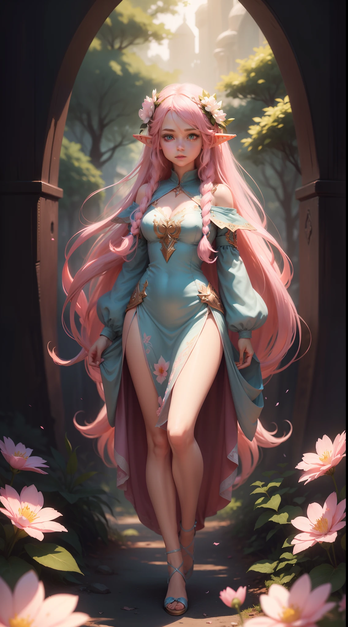 cute elf, long light pink hair, flowers in hair, blue eyes, cute dress, full body, artstation, illustration, dynamic soft lighting, fantasy framing, high resolution 4k, hdr, stylistic,