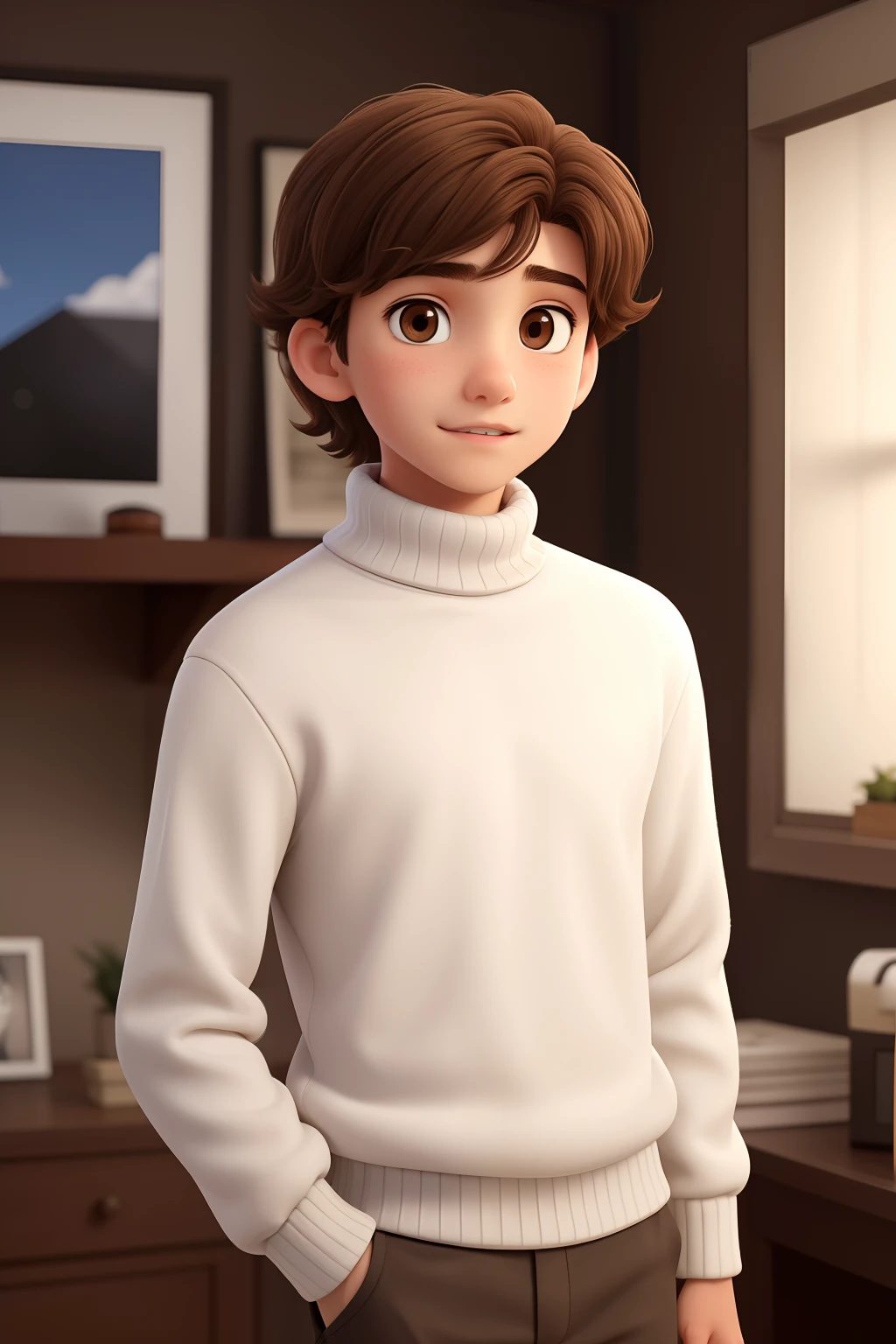 A young man of , with brown disheveled hair, cute face, boxy face, and brown eyes, wearing white turtleneck.