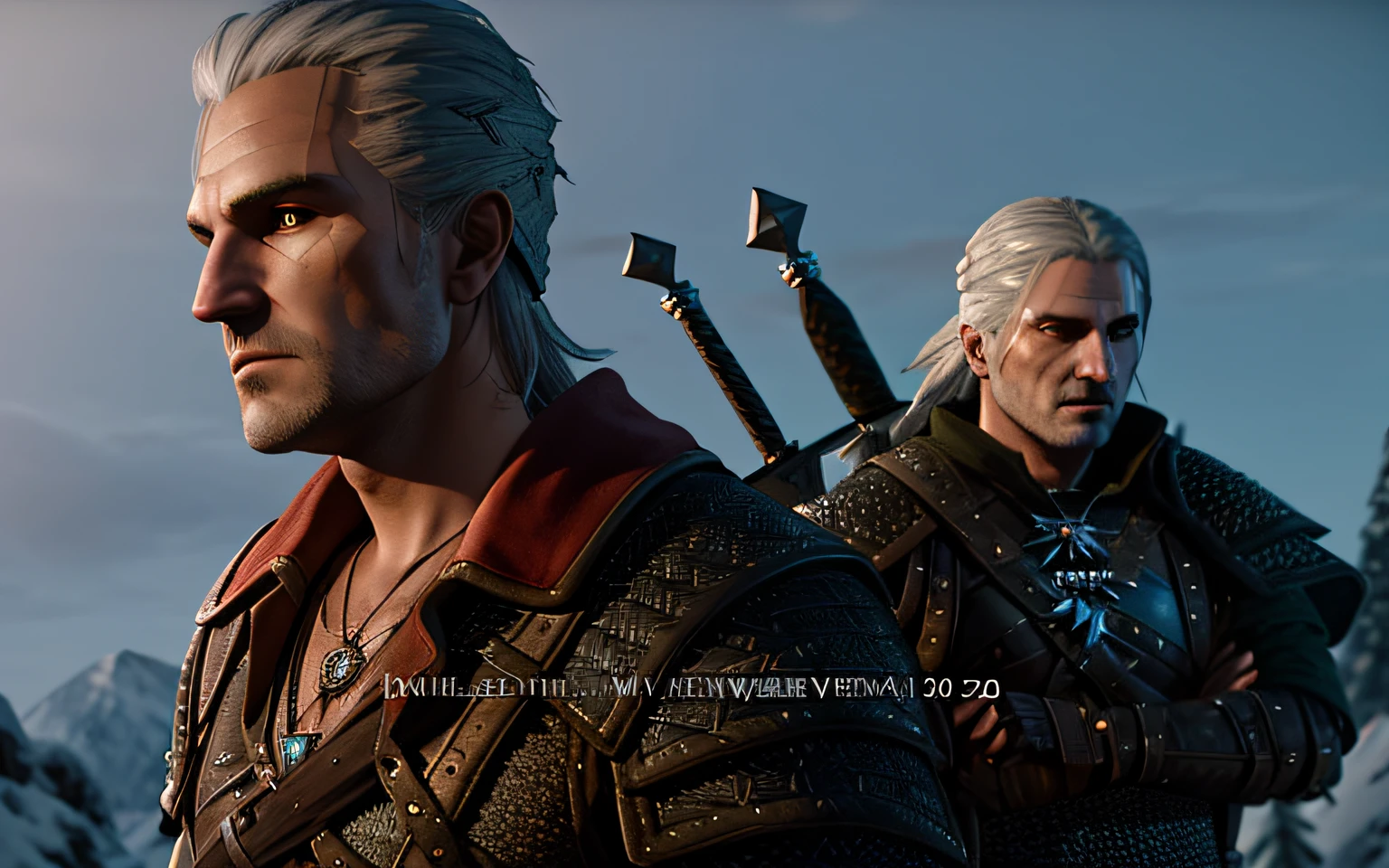 Witches and wizards with swords in the sky, witcher 3, witcher 3, Geralt, the witcher, the witcher)), the witcher, Geralt de Rivia, from witcher (2021), low quality sharpened graphics, cinematics, 8K 50mm ISO 10, video game cutscene