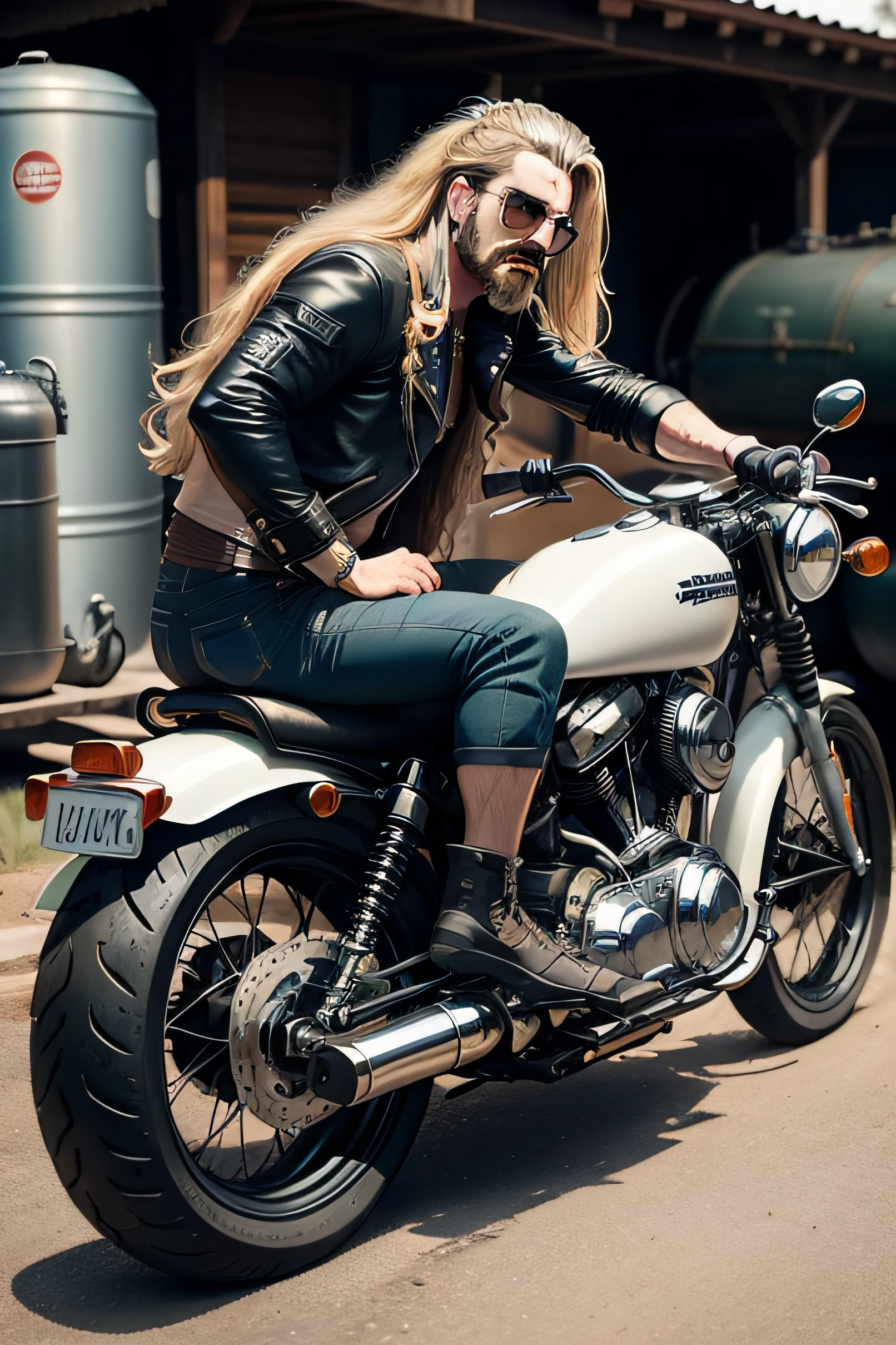 creating a motobike with 2 propane cylinders at 2 sides, the biker is a man with long hair, moustache, bike was harley davinson type, gangster style