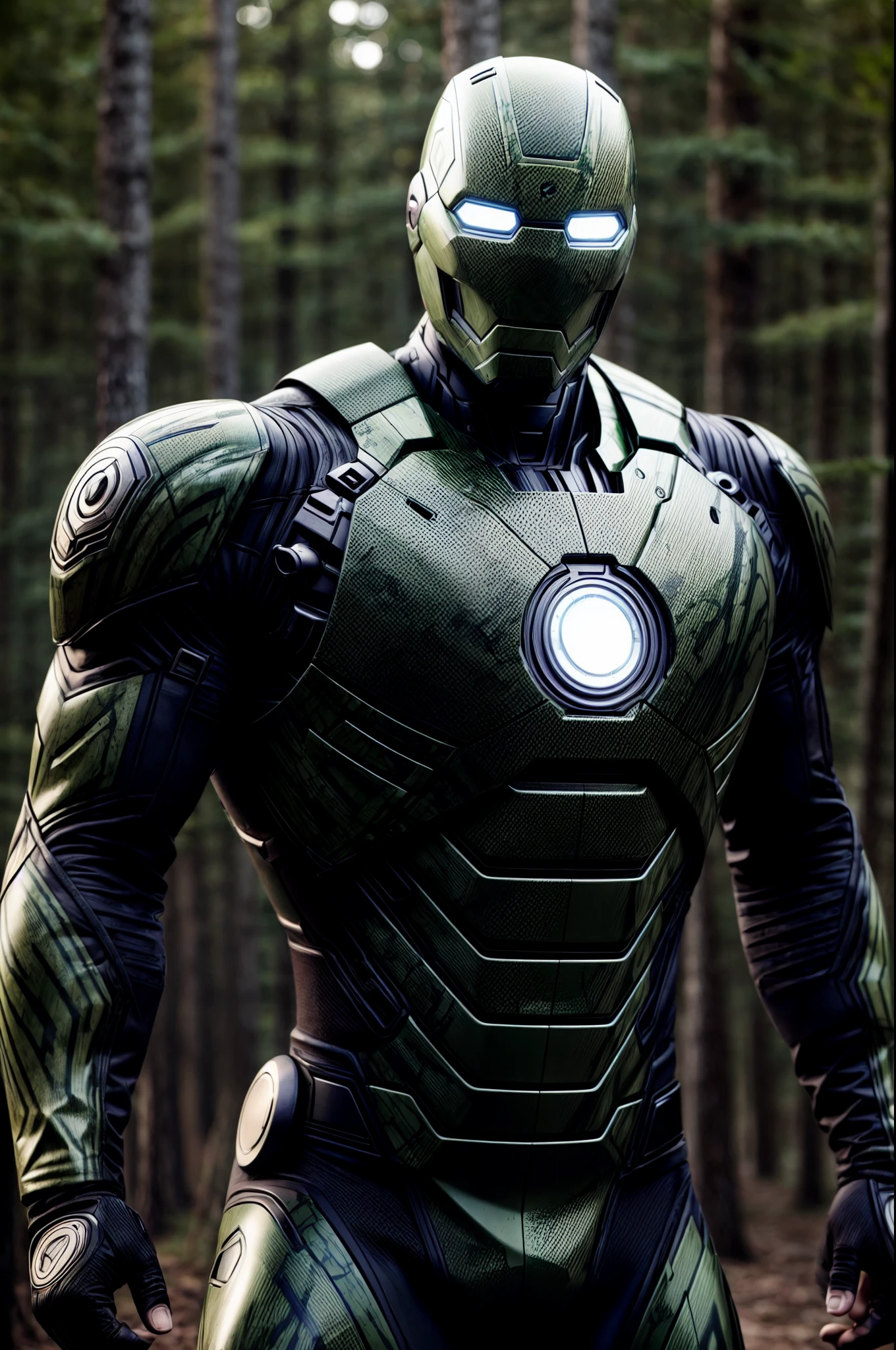 An intricate image of a forest green digital camo Ironman, extremely detailed suit, micro-details, photorealism, one light, dark photo, deep shadows, shallow depth of field, photorealistic, Surrealism, high quality, masterpiece, 8k, 8k, super detail, full body portrait, extremely muscular, body builder, scratched, dented, battle scars, flying with his boosters