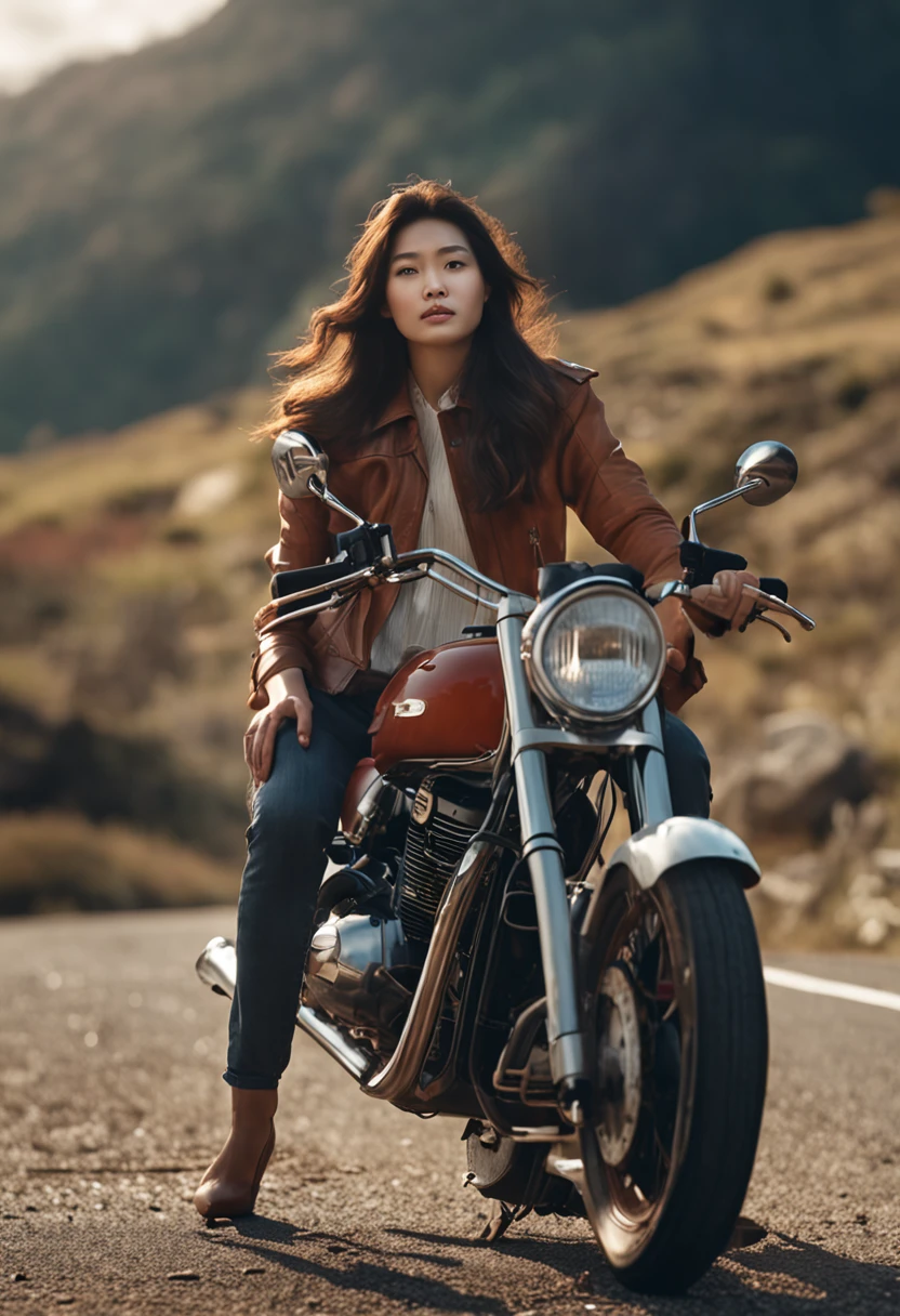 a girl driving classic motorbike, personality, long hair, full scene shot, best quality, mountain with cloudy, forest in down side of moutain, windy, cute girl, out door scene, dark brown hair, natural view, Delicate face, Pretty Face, Highly detailed face and skin texture, Detailed eyes, Double eyelid, Full body, asian girl, 24 year old female model, Octane Render,Two-tone lighting,Wide aperture,Low ISO,White Balance, driving the classic motorbike, landscape