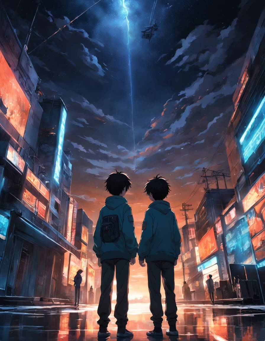tmasterpiece,best qualtiy,cinematic Film still from,2boy,Tech Campus Looks up the landscape, Three boys back, Perspective, deep in the night, the night, Best quality dark background,