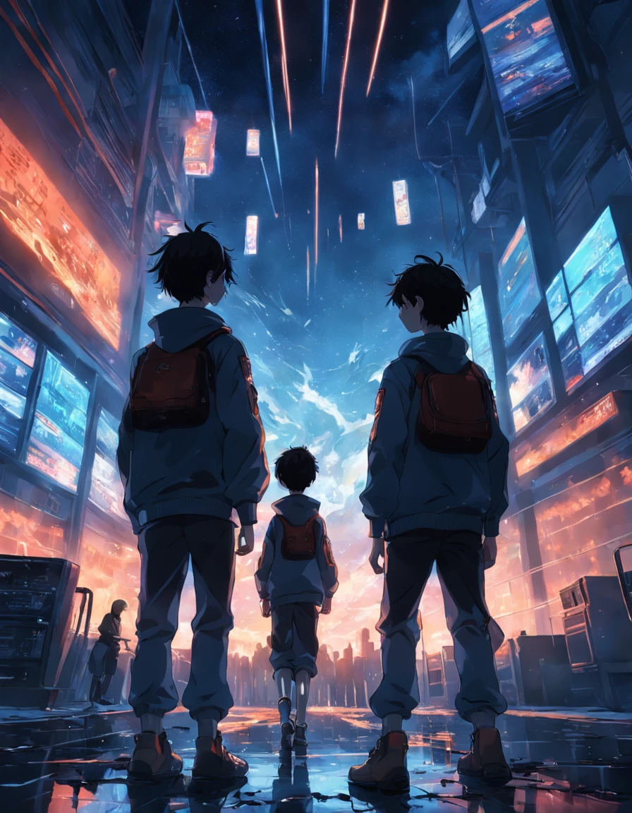 tmasterpiece,best qualtiy,cinematic Film still from,2boy,Tech Campus Looks up the landscape, Three boys back, Perspective, deep in the night, the night, Best quality dark background,