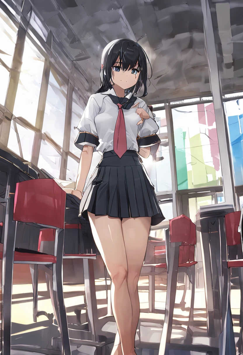 nsfw,masterpiece,best quality,high resolution,looking at viewer,petite,black hair,straight hair,medium breasts,clothed,standing,upskirt,class room,school uniform,8k resolution