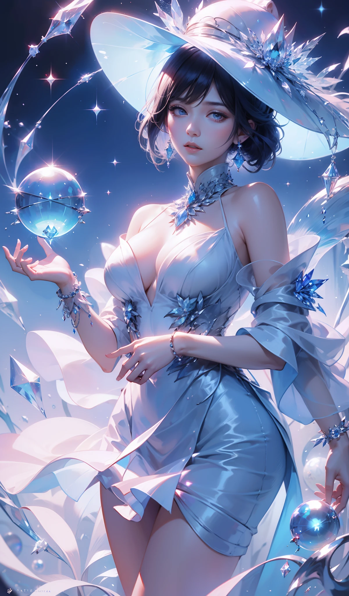 woman，Conservative attire，(Wearing a big hat)，Blue crane，Wearing a blue and red and white princess dress，Close-up of upper body，Close-up photos，jewelery，Visions of heaven and earth，(((Magic crystal ball)))，The background is the Milky Way，solar system