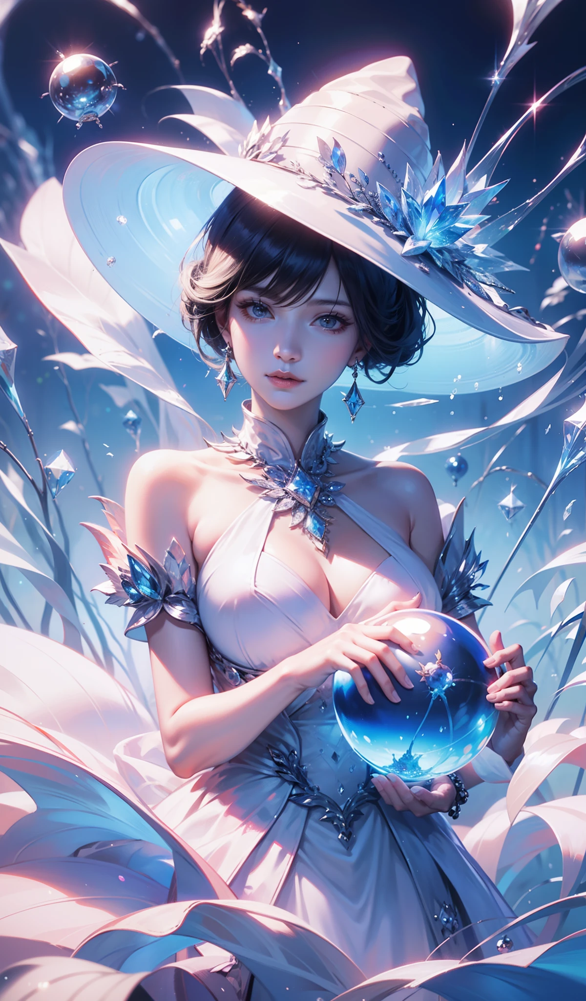woman,Conservative attire,(Wearing a big hat),Blue crane,Wearing a blue and red and white princess dress,Close-up of upper body,Close-up photos,jewelery,Visions of heaven and earth,(((Magic crystal ball))),The background is the Milky Way,solar system
