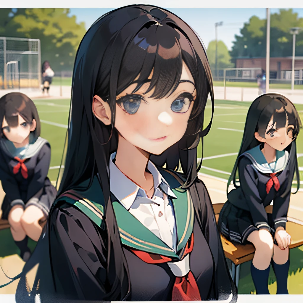 Five girls with long black hair，in school uniform，whole body display，In the school playground