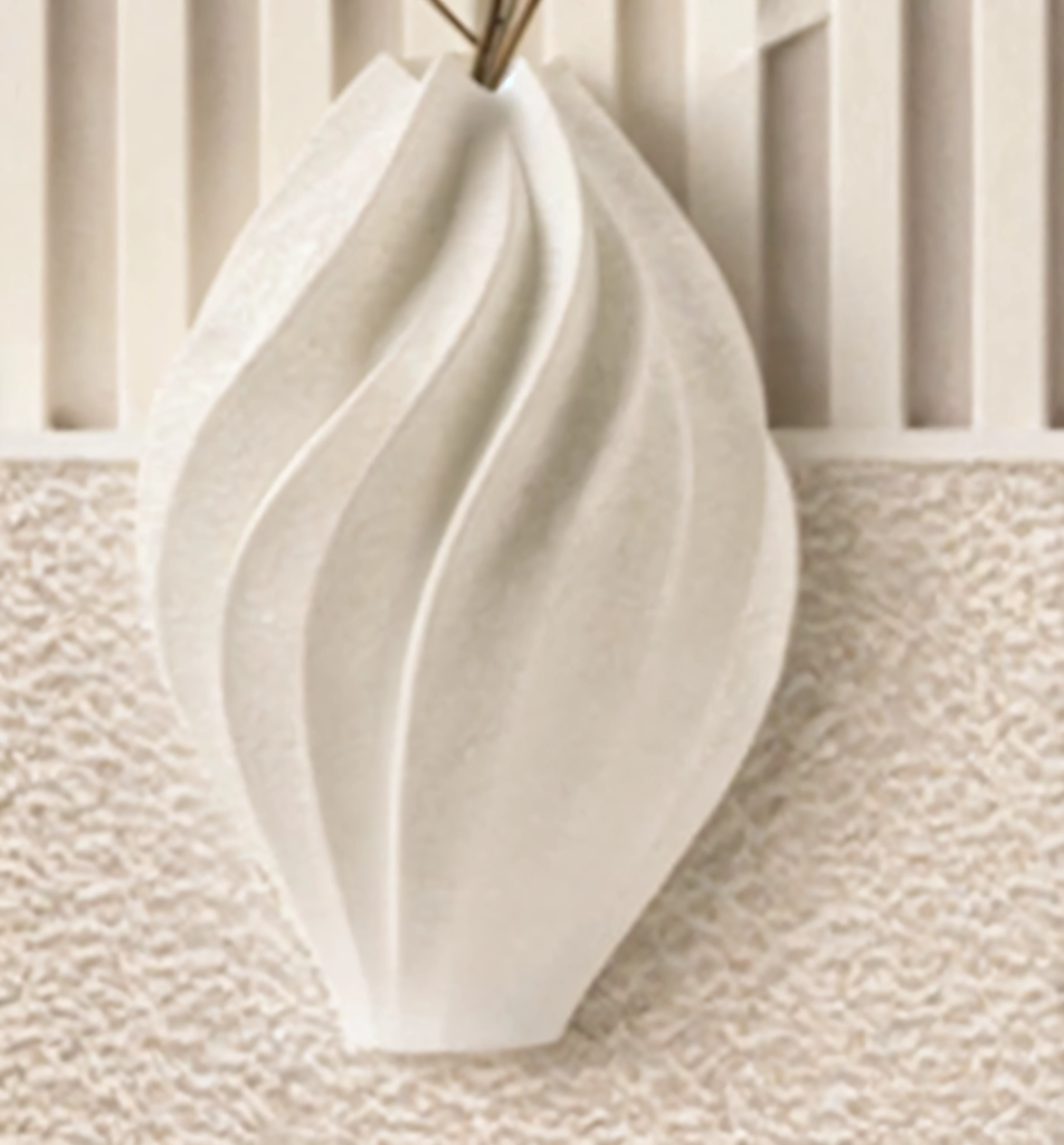 There is a white vase on the wall，There is a flower on it, white ceramic shapes, high textured, linen, White carved abstract sculpture, high texture detail, Smooth texture, Soft texture, smooth clean texture, crisp smooth clean lines, crisp smooth lines, Detail texture, soft surface texture, soft shade, Inspired by Kay Sage, ultra textured, Organic decorations, high texture detail)
