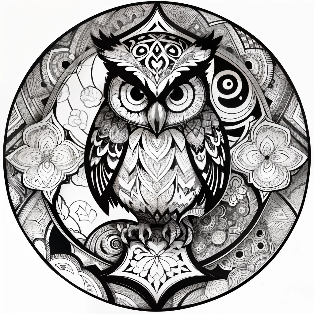 zentangle, fine line art, fine line drawing, coloring book illustratio style, vector art, white and black  graffiti illustration,owl, in the center, white and black colors, paint splashes and blots, Adobe Illustrator, high detail, whitebackground