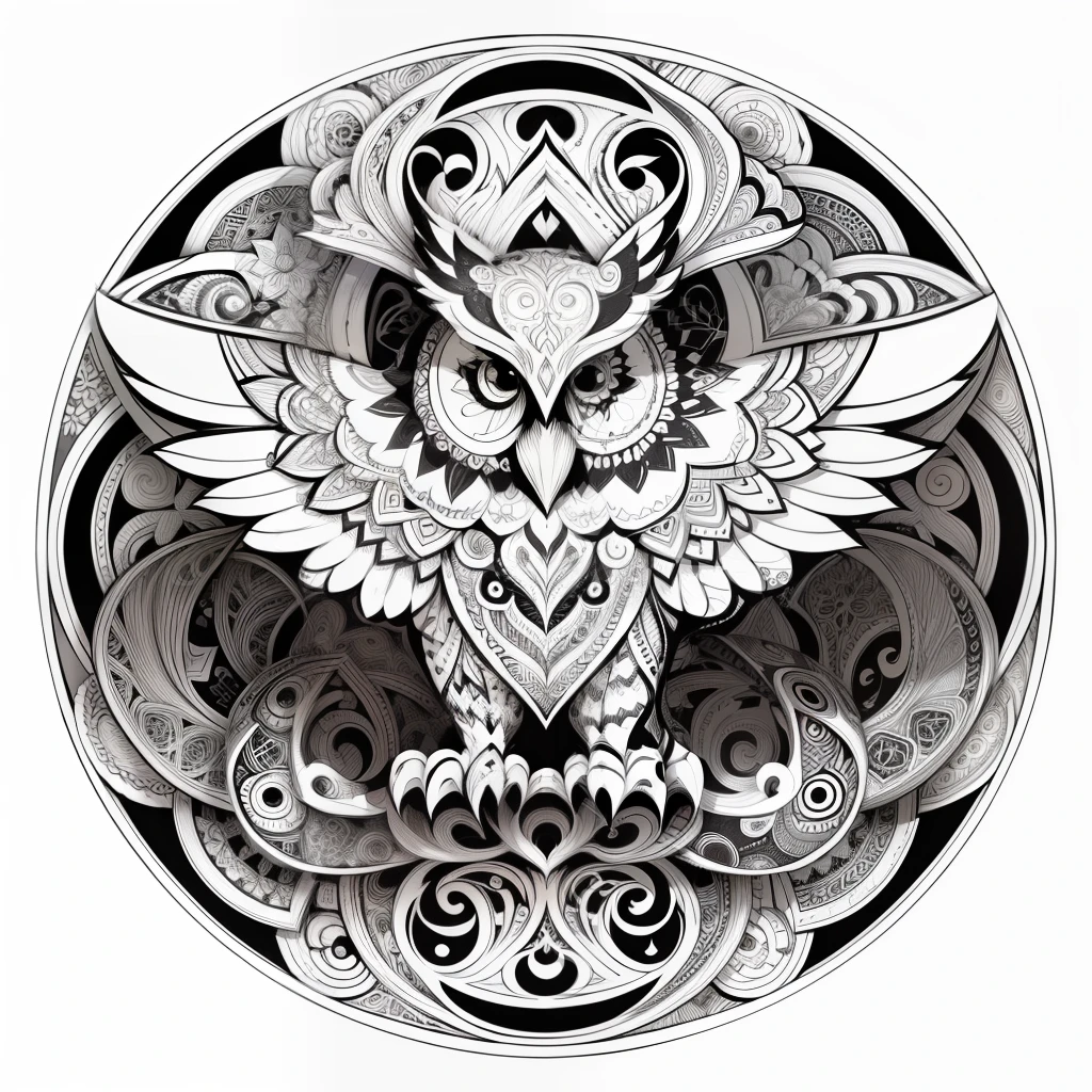 zentangle, fine line art, fine line drawing, coloring book illustratio style, vector art, white and black graffiti illustration,owl, in the center, white and black colors, paint splashes and blots, Adobe Illustrator, high detail, whitebackground