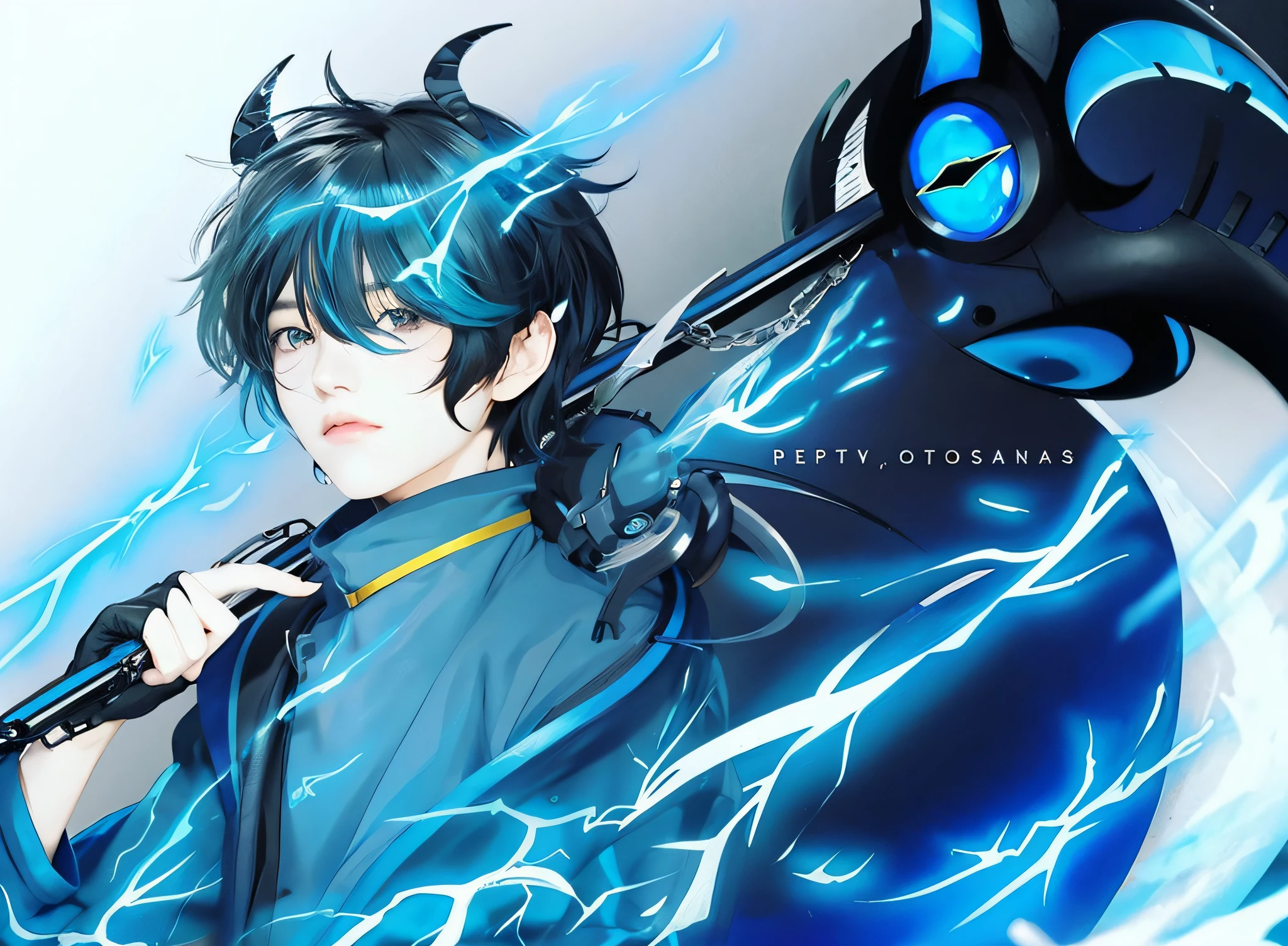 male, handsome, blue aura, black hair, masterpiece, photorealistic, best quality