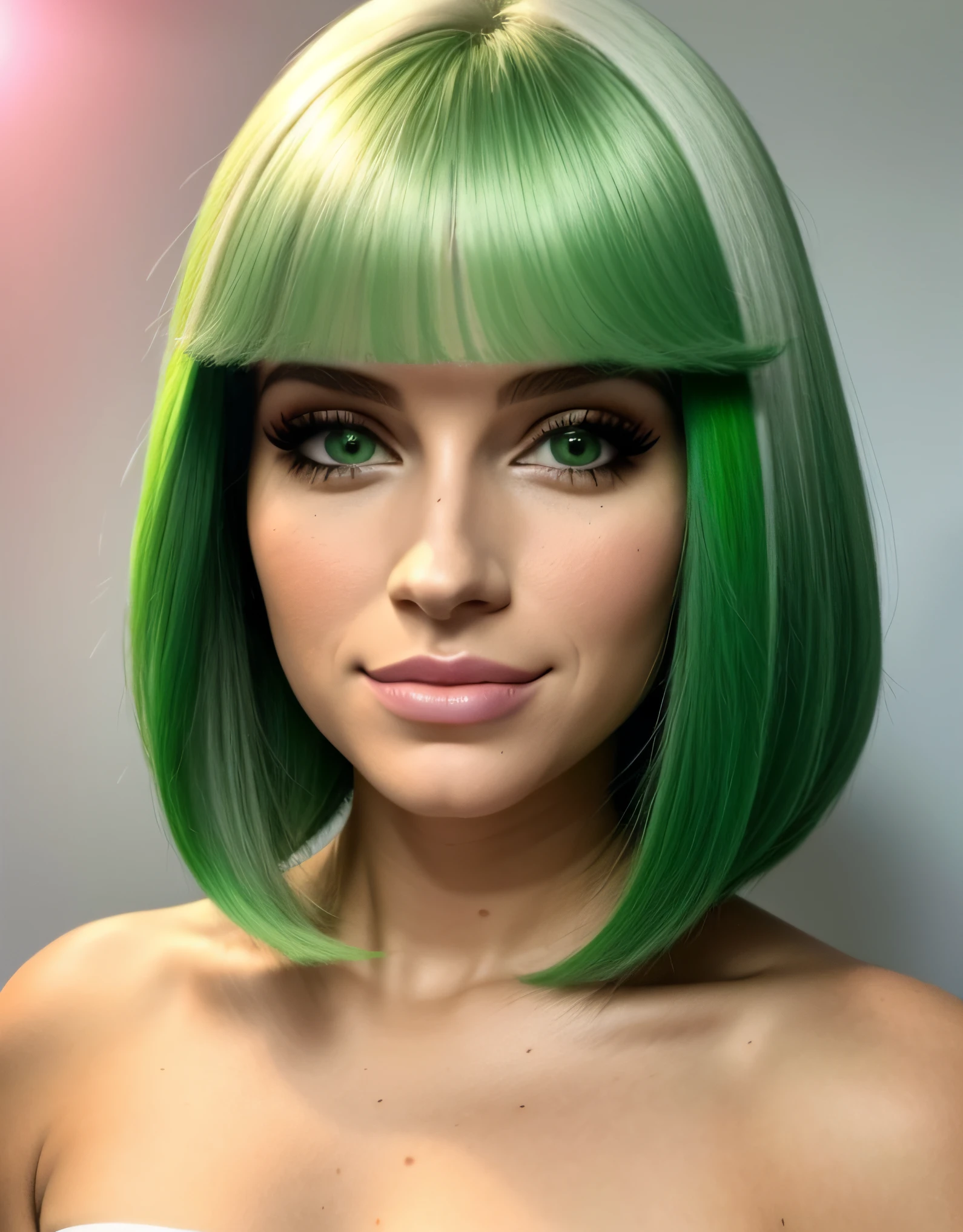 com rosto de apresentadora de tv, olhos verde e cabelos caracolados.