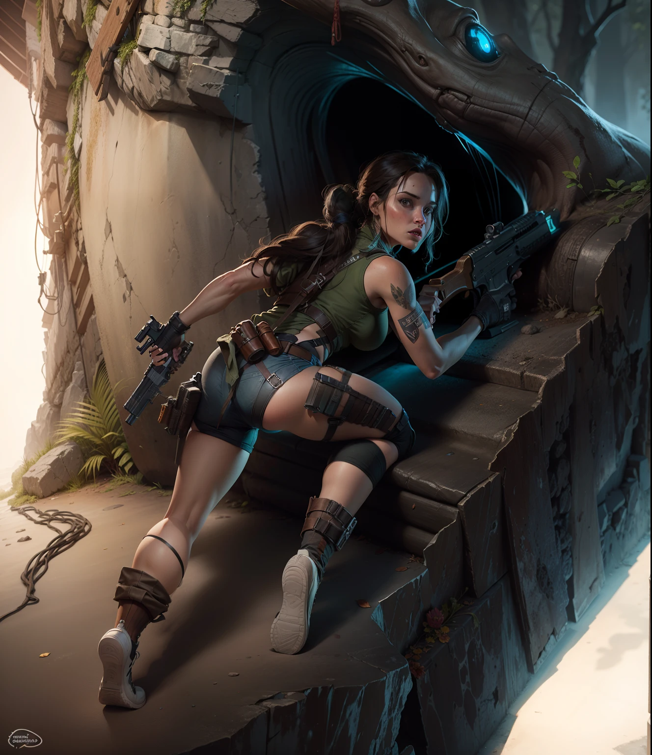 masterpiece, high quality images, high detailed face, perfect face, Realistic drawing of a woman with a gun and a tree in the background, Lara Croft de costas,shorts enfiado na bela bunda perfeita e sexy,Looking over his shoulder back, fanart de videogame, Retrato realista de Lara Croft, desenho realista colorido, Lara Croft Relaxante, Lara Croft Medieval, inspirado em Ada Hill Walker, Beautiful Tomb Hunter, inspirado em Clyde Caldwell, tomb raider, desenho realista colorido de alta qualidade, fanart requintada altamente detalhada, shadow of the tomb rider, Fantastic Art, 8k